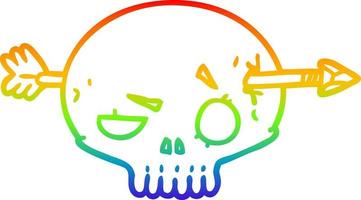 dibujo de la línea de gradiente del arco iris cráneo de dibujos animados atravesado por una flecha vector
