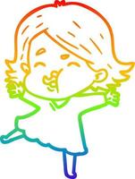 rainbow gradient line drawing cartoon girl pulling face vector