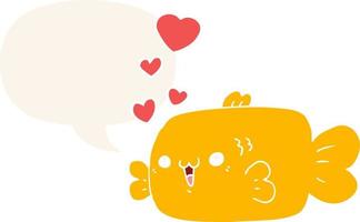 cute cartoon fish and love hearts and speech bubble in retro style vector