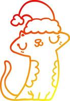 dibujo de línea de gradiente cálido lindo gato de dibujos animados con sombrero de navidad vector