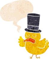 cartoon duck wearing top hat and speech bubble in retro textured style vector