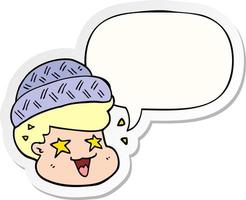 cartoon boy wearing hat and speech bubble sticker vector