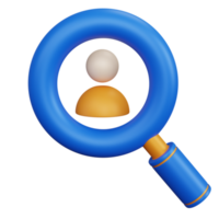 3d rendering blue magnifying glass with icon profile user isolated png