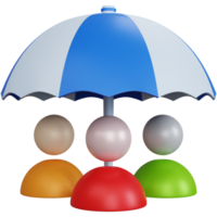 3d rendering blue umbrella with three profile icons isolated png