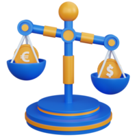 3d rendering blue balance scale with dollar and euro coins isolated png