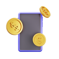 Concept de finance de rendu de modèle 3d avec téléphone portable et pièce d'argent, illustration png