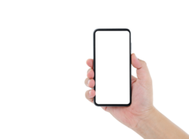 mano derecha del hombre sosteniendo un teléfono móvil negro con pantalla en blanco sobre fondo transparente png