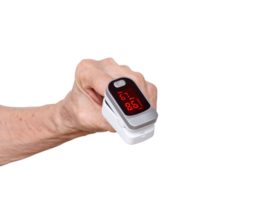 Focus at Pulse oximeter on index finger of elderly hand on transparent background, Measurement of blood oxygen and pulse png