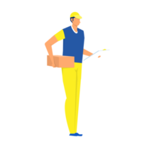 Delivery man holds in hands cardboard postal parcel boxes. png