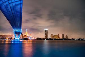 luz led violeta bajo el puente sobre el río en un día nublado en el cielo. puente bhumibol, samut prakan, tailandia foto