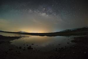 The stars in the sky reflect the light at night. The Milky Way above the mountains and the pond Mae Prachan Dam and Reservoir, Phetchaburi, Thailand photo