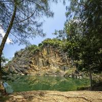 Emerald green pond Caused by digging limestone mines Blue sky and white clouds , Tons of wood covered photo