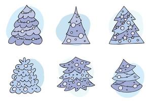 A hand-drawn christmas tree. Vector illustration in doodle style. Winter mood. Hello 2023. Merry Christmas and Happy New Year. Blue trees with a toys on a white background.