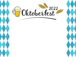 oktoberfest 2022 - fiesta de la cerveza. elementos de fideos dibujados a mano. letras negras con una jarra de cerveza y orejas de trigo con rayas verticales de diamantes azules con textura sobre un fondo blanco. vector