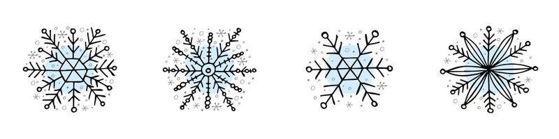 un conjunto de copos de nieve dibujados a mano. ilustración vectorial en estilo garabato. estado de ánimo de invierno. hola 2023. feliz navidad y próspero año nuevo. elementos negros y azules claros sobre un fondo blanco. vector