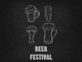 Oktoberfest 2022 - Beer Festival. Hand-drawn set of Doodle Elements. German Traditional holiday. Glass beer mugs with lettering on a black chalk board. vector