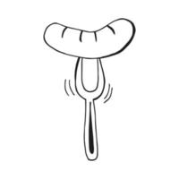 Oktoberfest 2022 - Beer Festival. Hand-drawn Doodle outline bavarian sausage on a fork on a white background. German Traditional holiday. vector