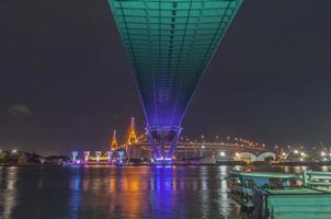 Bhumibol Bridge, Chao Phraya River Bridge. Turn on the lights in many colors at night. photo