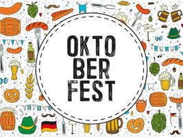 Oktoberfest 2022 - Beer Festival. Hand-drawn Doodle elements. German Traditional holiday. Round emblem with text on the background of a pattern of colored elements. vector