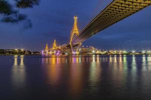 Bhumibol Bridge, Chao Phraya River Bridge. Turn on the lights in many colors at night. photo