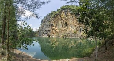 Emerald green pond Caused by digging limestone mines Blue sky and white clouds , Tons of wood covered photo