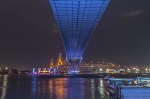 Bhumibol Bridge, Chao Phraya River Bridge. Turn on the lights in many colors at night. photo