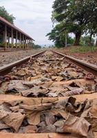 The railway station area. In the train tracks are full of dried leaves. photo