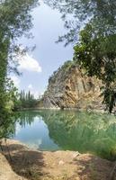 Emerald green pond Caused by digging limestone mines Blue sky and white clouds , Tons of wood covered photo