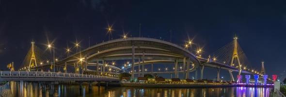 Bhumibol Bridge, Chao Phraya River Bridge. Turn on the lights in many colors at night. photo