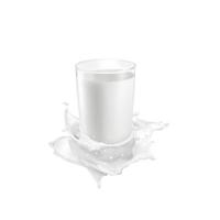 vaso de leche sobre salpicaduras de leche sobre fondo blanco foto