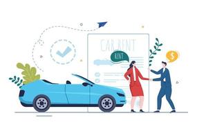 alquiler de automóviles, reserva de reserva y uso compartido mediante la aplicación móvil de servicio con ubicación de ruta o puntos en ilustración plana de dibujos animados dibujados a mano vector