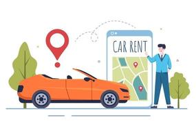 Car Rental, Booking Reservation and Sharing using Service Mobile Application with Route or Points Location in Hand Drawn Cartoon Flat Illustration vector