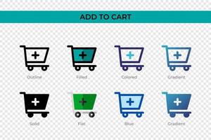 Add To Cart icon in different style. Add To Cart vector icons designed in outline, solid, colored, filled, gradient, and flat style. Symbol, logo illustration. Vector illustration