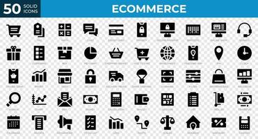 Set of 50 Ecommerce web icons in solid style. Credit card, cart, invoice. Solid icons collection. Vector illustration