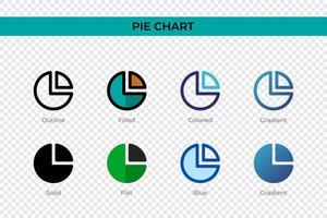 icono de gráfico circular en un estilo diferente. iconos vectoriales de gráficos circulares diseñados en contorno, sólido, coloreado, relleno, degradado y estilo plano. símbolo, ilustración de logotipo. ilustración vectorial vector