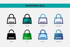 ícono de bolsa de compras en un estilo diferente. iconos de vector de bolsa de compras diseñados en contorno, sólido, coloreado, relleno, degradado y estilo plano. símbolo, ilustración de logotipo. ilustración vectorial