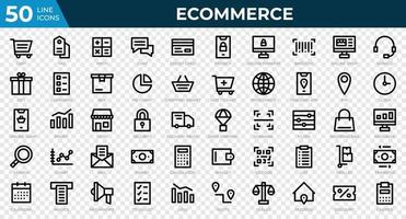 conjunto de 50 iconos web de comercio electrónico en estilo de línea. tarjeta de crédito, beneficio, factura. colección de iconos de contorno. ilustración vectorial vector