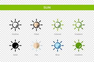 icono del sol en un estilo diferente. iconos de vector de sol diseñados en contorno, sólido, coloreado, relleno, degradado y estilo plano. símbolo, ilustración de logotipo. ilustración vectorial