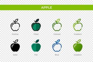 icono de manzana en un estilo diferente. iconos vectoriales de manzana diseñados en contorno, sólido, coloreado, relleno, degradado y estilo plano. símbolo, ilustración de logotipo. ilustración vectorial vector