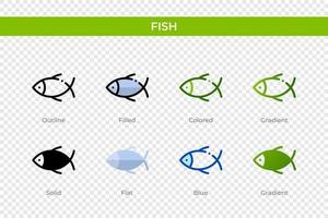 icono de pescado en un estilo diferente. iconos vectoriales de peces diseñados en contorno, sólido, coloreado, relleno, degradado y estilo plano. símbolo, ilustración de logotipo. ilustración vectorial vector