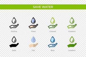 Guardar icono de agua en un estilo diferente. Guardar iconos de vectores de agua diseñados en contorno, sólido, coloreado, relleno, degradado y estilo plano. símbolo, ilustración de logotipo. ilustración vectorial