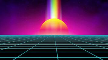 synth wave retro stadt landschaft hintergrund sonnenuntergang 3d landschaft mit regenbogenlicht. futuristische Landschaft im Stil der 1980er Jahre. digitale Retro-Landschaft Cyber-Oberfläche 3D-Animation. Party-Hintergrund der 80er Jahre. video