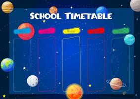 horario escolar. horario para niños con días de la semana con planetas del sistema solar. horario semanal. diario de clases educativas. tamaño de papel a4. vector