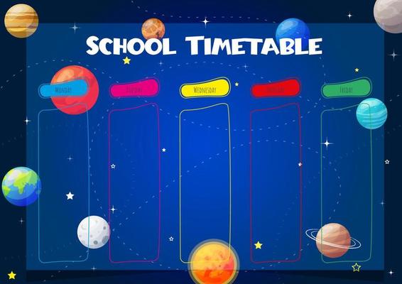 School schedule. Timetable for kids with days of the week with planets of solar system. Weekly timetable. Educational classes diary. A4 paper size.