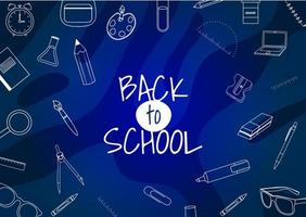 Back to school poster for kids with line art supplies on the background. Doodle style. vector