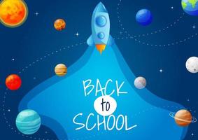 cartel de regreso a la escuela para niños con rosket, planetas del sistema solar y líneas en el fondo. ilustración vectorial de dibujos animados vector