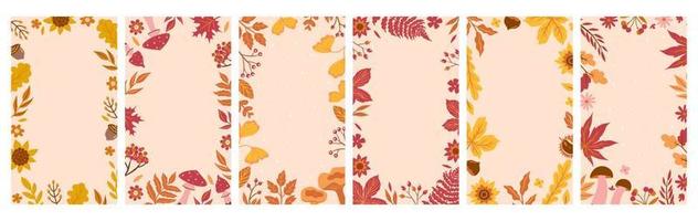 Set of autumn backgrounds with leaves, mushrooms, berries and nuts. Vector graphics.