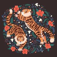 Postcard with tigers and flowers on a dark background. Vector graphics.