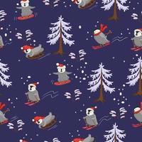 Skiers penguins seamless pattern. Print for wrapping paper or fabric. vector