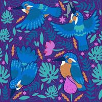 Seamless pattern with kingfishers on a purple background. Vector graphics.